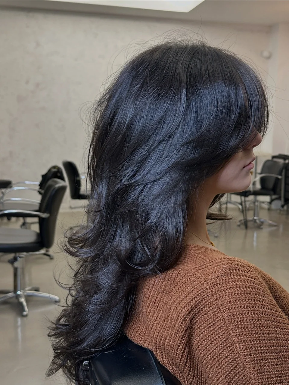 Dunkles, langes Haar mit weichen Stufen und schwungvollem Föhnstyling